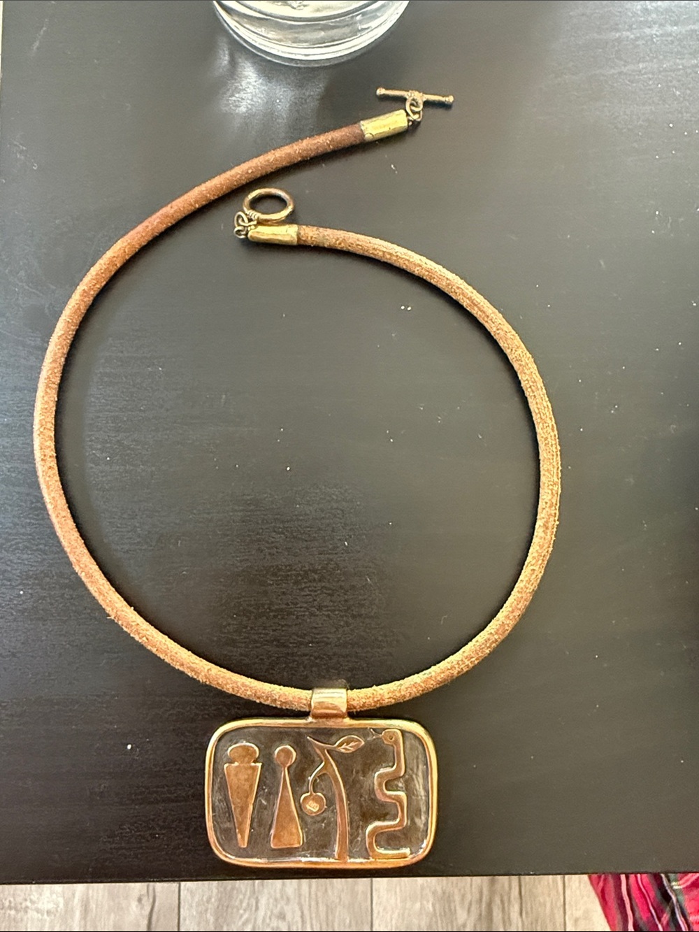 Gold-Tone Pendant Necklace with Brown Leather Cord
